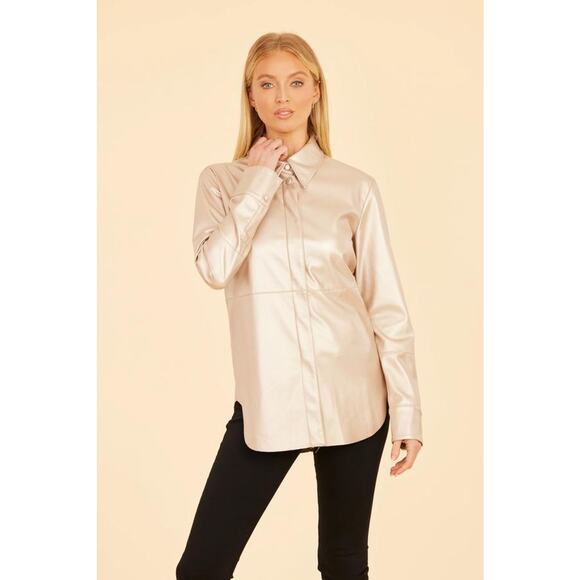 Dolce Cabo Vegan Leather Button Up Shirt 75064 Pale Metallic Gold Large L NEW - Picture 2 of 5